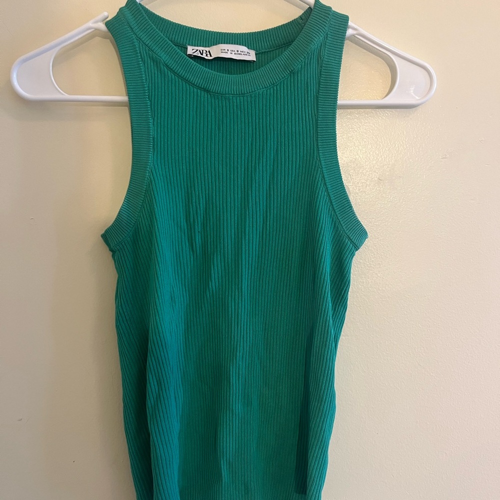 Zara Green Fitted Ribbed Tank Top